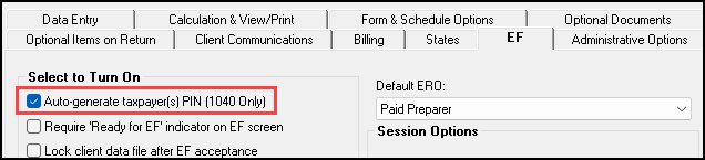 Image of auto-generate taxpayer PIN selection on the EF tab under Setup